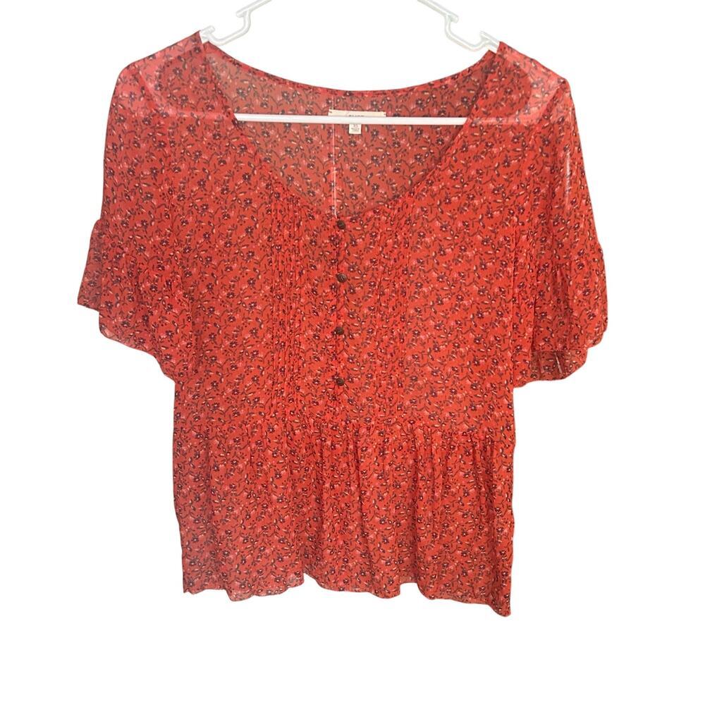 Eliot women's orange floral 100% silk romantic flowy peplum semi sheer blouse XS